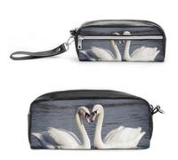 POTSCBVW Astuccio romantico con cigno bianco, grande capacità, con due scomparti, astuccio in pelle con cerniera, borsa portatile da viaggio per cosmetici per donne e uomini