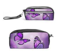 POTSCBVW Astuccio viola con fiori e farfalle, grande capacità, con due scomparti, astuccio in pelle con cerniera, borsa per cosmetici da viaggio portatile per donne e uomini