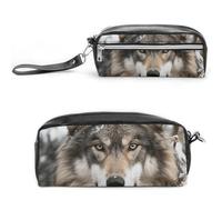 POTSCBVW Lmage of Wolf in The Snow - Astuccio portamatite, grande capacità, con due scomparti, astuccio in pelle con cerniera, astuccio portatile da viaggio per donne e uomini