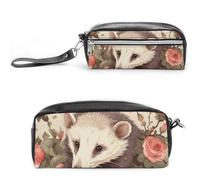 POTSCBVW Opossum and Roses - Astuccio portamatite grande capacità con due scomparti, astuccio in pelle con cerniera, borsa portatile da viaggio per cosmetici per donne e uomini