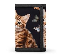 POTSCBVW Portafoglio compatto a tre ante con gatto e farfalla, con portachiavi, leggero e resistente, per esterni, stile, taglia unica, classico