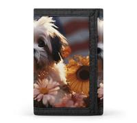 POTSCBVW Shih Tzu - Portafoglio compatto a tre ante con cane e fiori, con portachiavi, leggero e resistente, per attività all'aperto, stile, taglia unica, classico