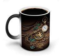 POTSCBVW Tazza in ceramica che cambia colore con le chiavi degli orologi steampunk, la tazza in ceramica rivela il design nascosto quando è calda, tazza da caffè sensibile al calore, regalo divertente