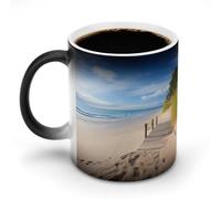POTSCBVW Tazza in ceramica che cambia colore con scenario sulla spiaggia, rivela un design nascosto quando è calda, tazze da caffè sensibili al calore, regalo divertente per compleanno, Natale