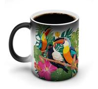 POTSCBVW Tazza in ceramica con uccelli tropicali e foglie di piante che cambiano colore, la tazza in ceramica rivela il design nascosto quando è calda, tazza da caffè sensibile al calore, regalo