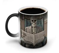 POTSCBVW Tazza magica che cambia colore con scheletro che legge giornale, tazza in ceramica rivela un design nascosto quando è calda, tazza da caffè sensibile al calore, regalo divertente per