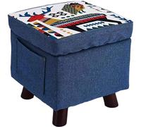 Pouf Contenitore in Legno e Tessuto Sgabello Multiuso Poggiapiedi Baule Blu 32cm