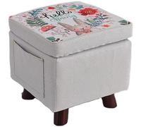 Pouf Contenitore in Legno e Tessuto Sgabello Multiuso Poggiapiedi Baule Grigio