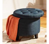 Pouf Contenitore Poggiapiedi in legno e tessuto Blu Sgabello Baule con scomparto