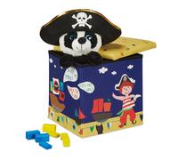 BiancoRelaxdays Pouf Contenitore, Porta Giochi per Bambini, Sgabello, Design-Pirati Poggiapiedi, 31x31x31 cm, Blu-Giallo