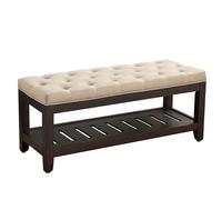 Pouf in lino marrone chiaro con contenitore, rettangolare e imbottito, per ingresso e soggiorno, design trapuntato con bottoni, con ripiano in legno, elegante e funzionale