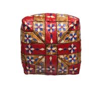 Pouf marocchino in pelle, con imbottitura, motivo etnico rosso e marrone, 42 x 42 x 28 cm, seduta, poggiapiedi, tavolo, sgabello decorativo orientale