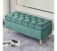 Pouf moderno in velluto con gambe dorate e bottoni, elegante sgabello portaoggetti per ingresso, soggiorno, camera da letto, verde scuro, 80 x 40 x 45 cm, perfetto per cambiare le scarpe