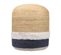Pouf Ottomano Cilindrico Striato In Juta Naturale E Blu Marino 18"