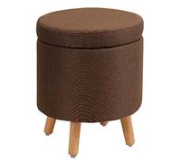 Pouf ottomano in lino marrone con poggiapiedi rotondo per soggiorno, camera da letto e toeletta con gambe in legno, 35 cm, mobili eleganti