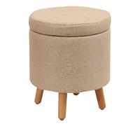 Pouf ottomano rotondo in lino beige, poggiapiedi, per divano, camera da letto o sgabello da toeletta con gambe in legno, elegante decorazione per la casa (32 cm)