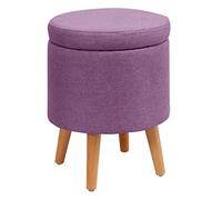 Pouf ottomano rotondo in lino viola, poggiapiedi per divano, camera da letto, sgabello da toeletta con gambe in legno, elegante 35 cm, mobili per soggiorno