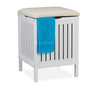 relaxdays Pouf Portabiancheria per Bagno, Sgabello Contenitore, 40 L, Raccogli Biancheria, Design, 55x41x41 cm, Bianco, Legno, 1 pz