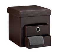 Relaxdays Pouf Contenitore Pieghevole, Scomparto Interno, 2 Cassetti Rimovibili, Cubo, finta pelle, Marrone, HxLxP: 38 x 38 x 38 cm