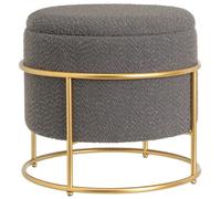 Pouf Poggiapiedi Contenitore Rotondo in Oro e Tessuto Grigio Scuro 43x43x40cm