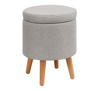 Pouf poggiapiedi rotondo in lino grigio per divano, camera da letto, sgabello per trucco con gambe in legno, soluzione elegante per riporre oggetti, 35 cm