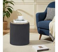 Pouf rotondo con vassoio reversibile, pouf imbottito in velluto a coste, moderno sgabello da trucco per trucco, elegante tavolino piccolo poggiapiedi rotondo (grigio scuro, coperchio Taray)