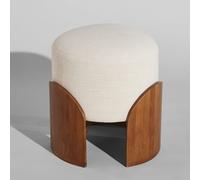 Pouf rotondo in cotone écru con gambe in legno di acacia
