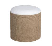 Pouf rotondo in iuta intrecciata e lino bianco