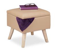 Relaxdays Pouf Contenitore in Ecopelle, HxLxP 40 x 40 x 40 cm, Sgabello da Salotto, Cubo con Coperchio Imbottito, Beige, Legno, 1 pz