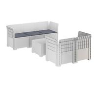 POUFGDR Divano da giardino 5 posti in polipropilene bianco con cuscini | Design rattan sintetico, resistenza UV e intemperie, uso terrazzo balcone veranda, facile manutenzione, montaggio a due