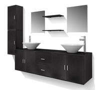 POUFGDR Mobile da bagno, 11 pezzi, con lavabo e rubinetto, colore: nero | Truciolare robusto,lavabi in ceramica a strisce, miscelatori in ottone massiccio cromato, 2 cassetti,2 specchi,2 ripiani