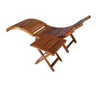 POUFGDR Sedia a sdraio in legno di acacia massiccio con tavolo e cuscino | Legno massiccio robusto, forma curva ergonomica, cuscino con poggiatesta, sei corde di fissaggio, uso piscina balcone