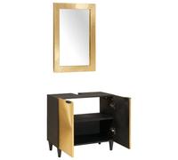 POUFGDR Set di armadio da bagno 2 pc Nero e Ottone | Legno di mango massiccio,specchio incluso,porte a cerniere,maniglie tazza,facile manutenzione, montaggio semplice