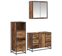 POUFGDR Set di Mobili da Bagno 3 pz Legno Vecchio | Armadio a specchio, mobile lavabo, aggiuntivo, ante a filo, mensole, posa a parete, legno di ingegneria