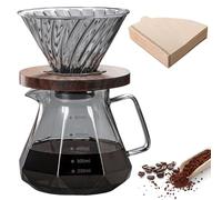 Pour Over - Caffettiera da 600 ml, in vetro borosilicato con 100 filtri di carta (misura 02), fondo in noce, ideale per casa, caffetteria, ristorante e campeggio (1-4 tazze, 20 once)
