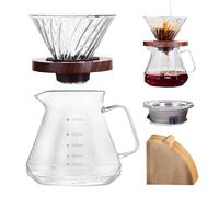 Pour Over - Set di caffettiera in vetro borosilicato da 600 ml con 100 filtri di carta misura 02 e collo in legno di noce, filtro a mano, contagocce in vetro, per casa, caffetteria, ristorante