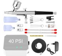 Powate 40 PSI Kit Aerografo, Airbrush con Compressore Aerografo Doppia Azione con 3 Modos, Ugello 0,2 0,3 0,5 mm per Modellismo per Verniciare,Decorazione di Torte,Pittura Artistica,Argento
