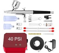 Powate 40 PSI Kit Aerografo, Airbrush con Compressore Aerografo Doppia Azione con 3 Modos, Ugello 0,2 0,3 0,5 mm per Modellismo per Verniciare,Decorazione di Torte,Pittura Artistica,Rosso