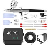 Powate 40 PSI Kit Aerografo Completo Professionale con Compressore Aerografo - 0.2/0.3/0.5 mm Ugelli per Nail Art, Artigianato, Decorazione Torte, Design Unghie Nero