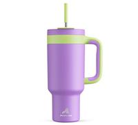 POWCAN Bicchiere con manico, cannuccia 2 in 1 e coperchio per sorseggiare, a prova di perdite, lavabile in lavastoviglie, tazza da caffè isolata in acciaio inox, mantiene il freddo per 34 ore