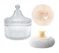 Powder Puff - Glass Container Box, Large Body Dusting Applicator, Crystal Makeup Setting Tool, Vintage Vanity Decor, Beauty & Personal Care, Refillable Jar For Face Travel, Clear Pink