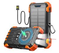 Power Bank a energia solare da 26800 mAh con 4 cavi integrati, ricarica rapida USB-C 15 W, power bank wireless con doppia torcia LED (SOS/stroboscopio/costante), termometro, per telefoni cellulari