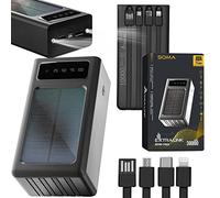Power bank solare EPB-093 30000mAh caricabatteria portatile per cellulare, Nero, Torcia LED, Quattro cavi integrati per diversi tipi di connettori, pannello solare da 1W, Caricabatterie solare, USB-C