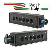 POWER-BOX NERO CIABATTA ALIMENTAZIONE PALCO POWERCON MADE IN ITALY SPIA RETE INGRESSO 16A 3P USCITE 6 POWERCON TRUE1 16A LOOP 16A 3P