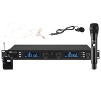 Power Dynamics PD632C 2X - Set di 2 Microfoni Radio UHF, 20 Canali, 1 Gelato, 1 Headset con Trasmettitore Tascabile, 2 x 20 Canali UHF, PLL, Struttura Rack da 19”, Valigetta in Alluminio, Nero