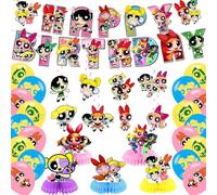 Power Girls - Set di decorazioni per feste di compleanno per bambine, con striscione di buon compleanno, vortici, centrotavola, 18 palloncini per decorazioni per feste di ragazze dei cartoni animati