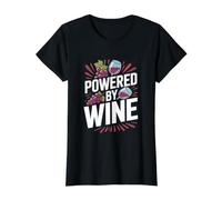 Powered By Wine Grapes Bicchieri Fun Maglietta con Stampa Grafica Economica, Donna, Nero, L