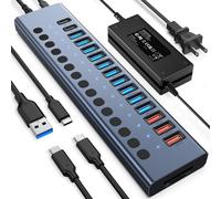 Powered USB Hub, VANGREE 17-Port USB Splitter (7 USB 3.0 Ports+3 2.4A Charging Ports+3 USB 2.0 Ports+2 USB-C 3.0 Ports+SD/TF Card Reader), Individual On/Off Switches, 90W Power Adapter for Laptop, PC