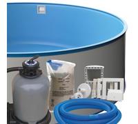 POWERHAUS24 Pool Set, taglia & profondità a scelta, parete in acciaio 0,6 mm, 0,6 mm Pool Pellicola con piega, Filtro a sabbia SF con valvola a 6 Vie, Filtro Sabbia, Set di tubo e Skimmer