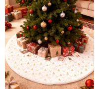 powerking Christmas Tree Skirts, 90CM Large Plush Carpet Blanket with Golden Elk Snowflakes Xmas Tree，Base Cover Mat for Winter Christmas Holiday Party Indoor Decorations